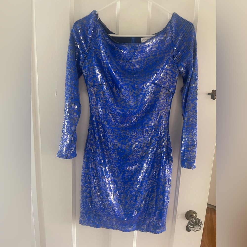 DRESS THE POPULATION blue sequin dress